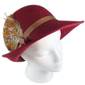 Lancaster Womens 100% Wool Brick Red Hat with Feather and Ribbon Accent EUC
